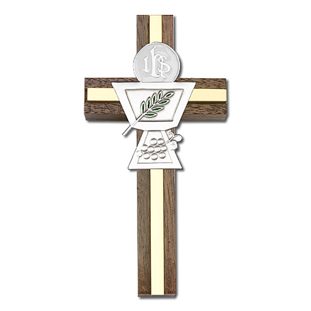 4 inch Enameled Communion Chalice Cross, Walnut w/ Antique Silver inlay - 5036S/G