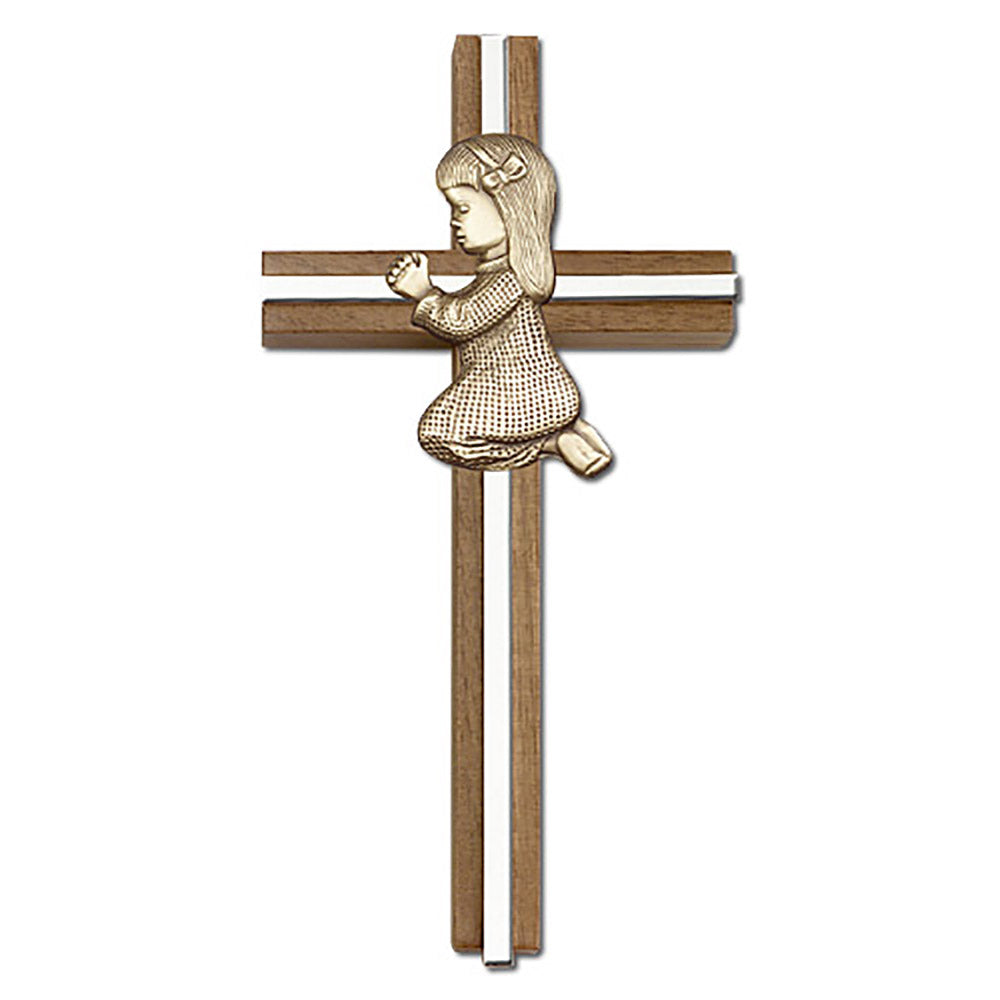 6 inch Praying Girl Cross, Walnut w/ Antique Gold inlay - 5070G/S