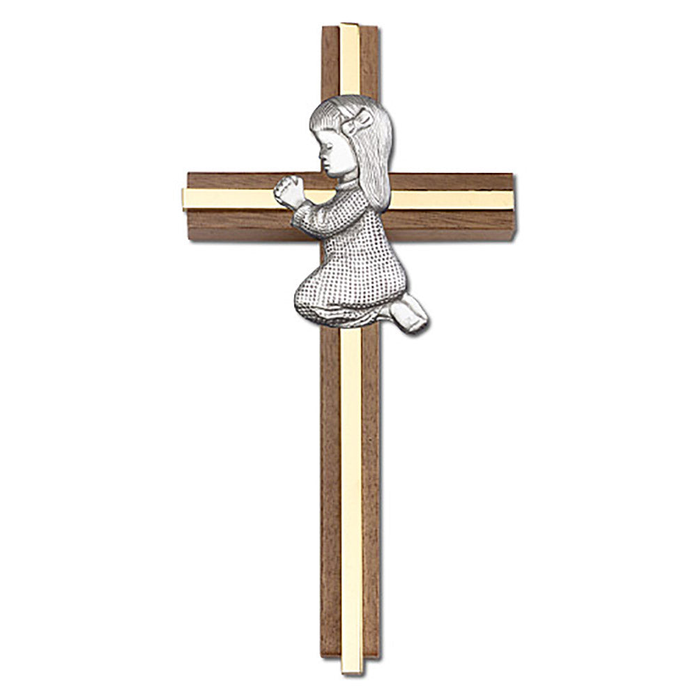 6 inch Praying Girl Cross, Walnut w/ Antique Silver inlay - 5070S/G