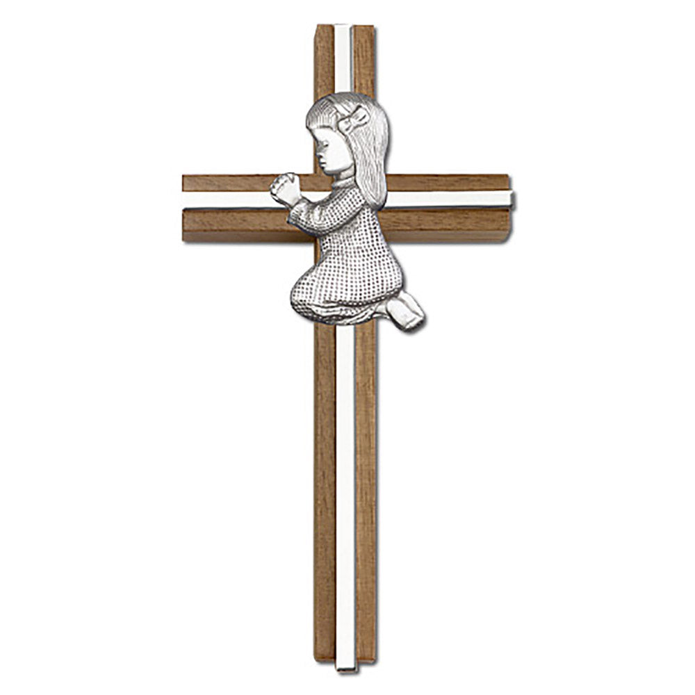 6 inch Praying Girl Cross, Walnut w/ Antique Silver inlay - 5070S/S