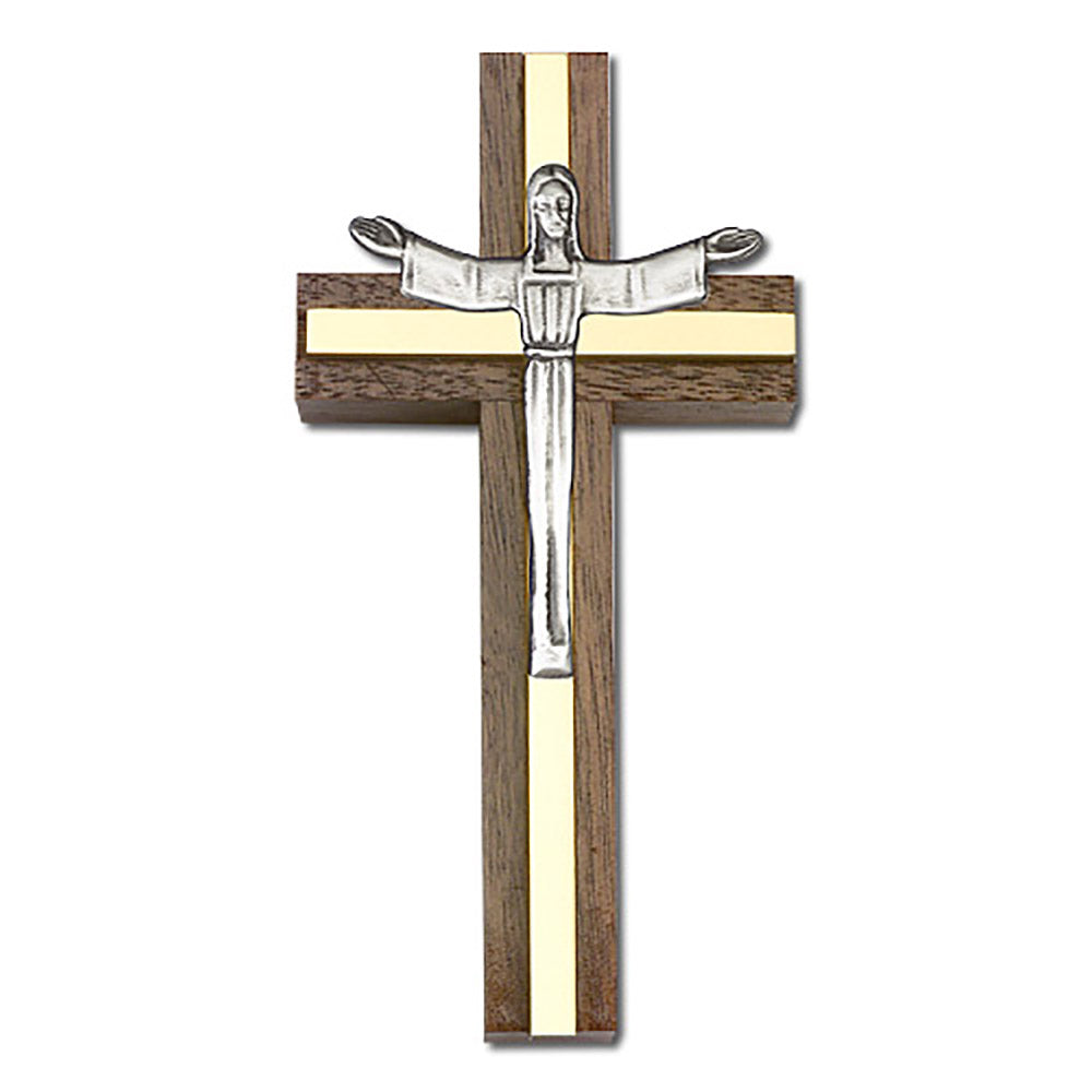 4 inch Risen Christ Cross, Walnut w/ Antique Silver inlay - 5080S/G