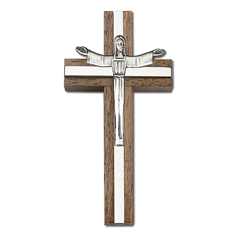 4 inch Risen Christ Cross, Walnut w/ Antique Silver inlay - 5080S/S