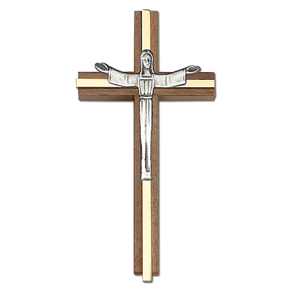 6 inch Risen Christ Cross, Walnut w/ Antique Silver inlay - 5085S/G