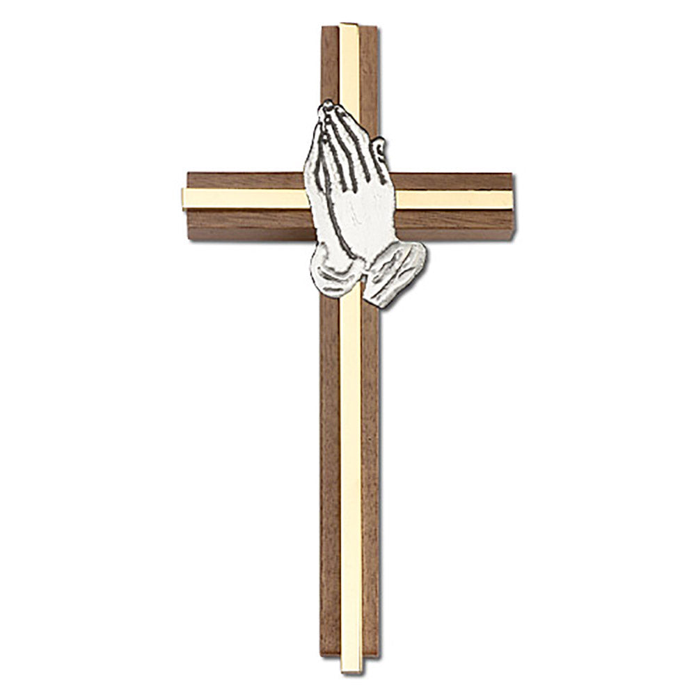 6 inch Praying Hands Cross, Walnut w/ Antique Gold inlay - 5091G/G