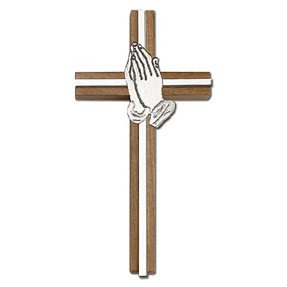 6 inch Praying Hands Cross, Walnut w/ Antique Silver inlay - 5091S/S