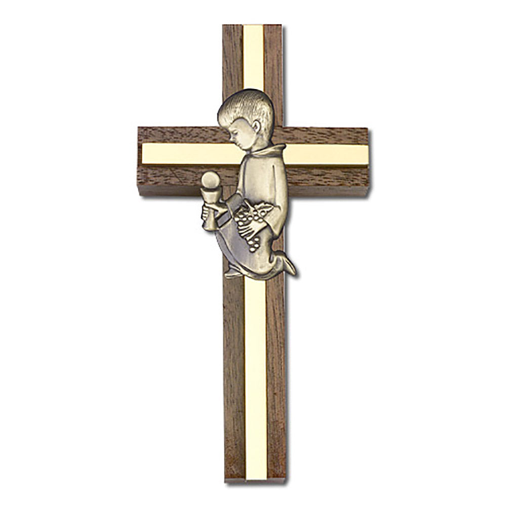 4 inch Communion Boy Cross, Walnut w/ Antique Gold inlay - 5432G/G