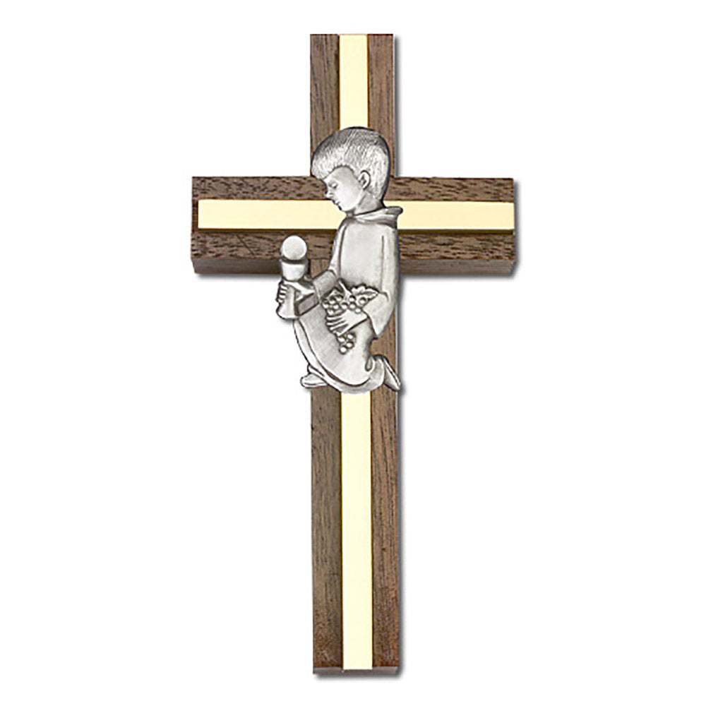 4 inch Communion Boy Cross, Walnut w/ Antique Silver inlay - 5432S/G