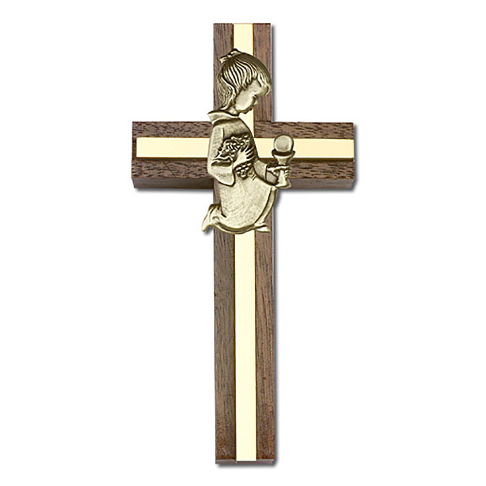 4 inch Communion Girl Cross, Walnut w/ Antique Gold inlay - 5433G/G