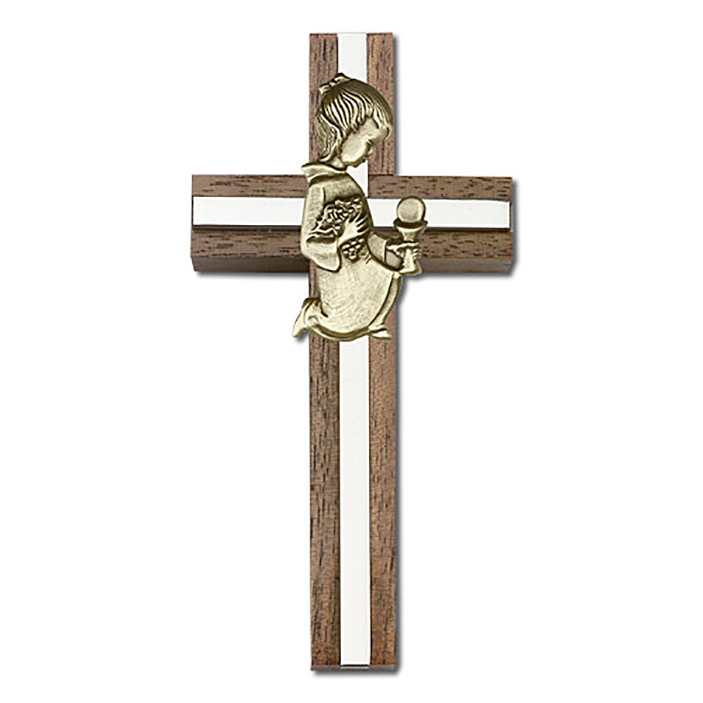 4 inch Communion Girl Cross, Walnut w/ Antique Gold inlay - 5433G/S
