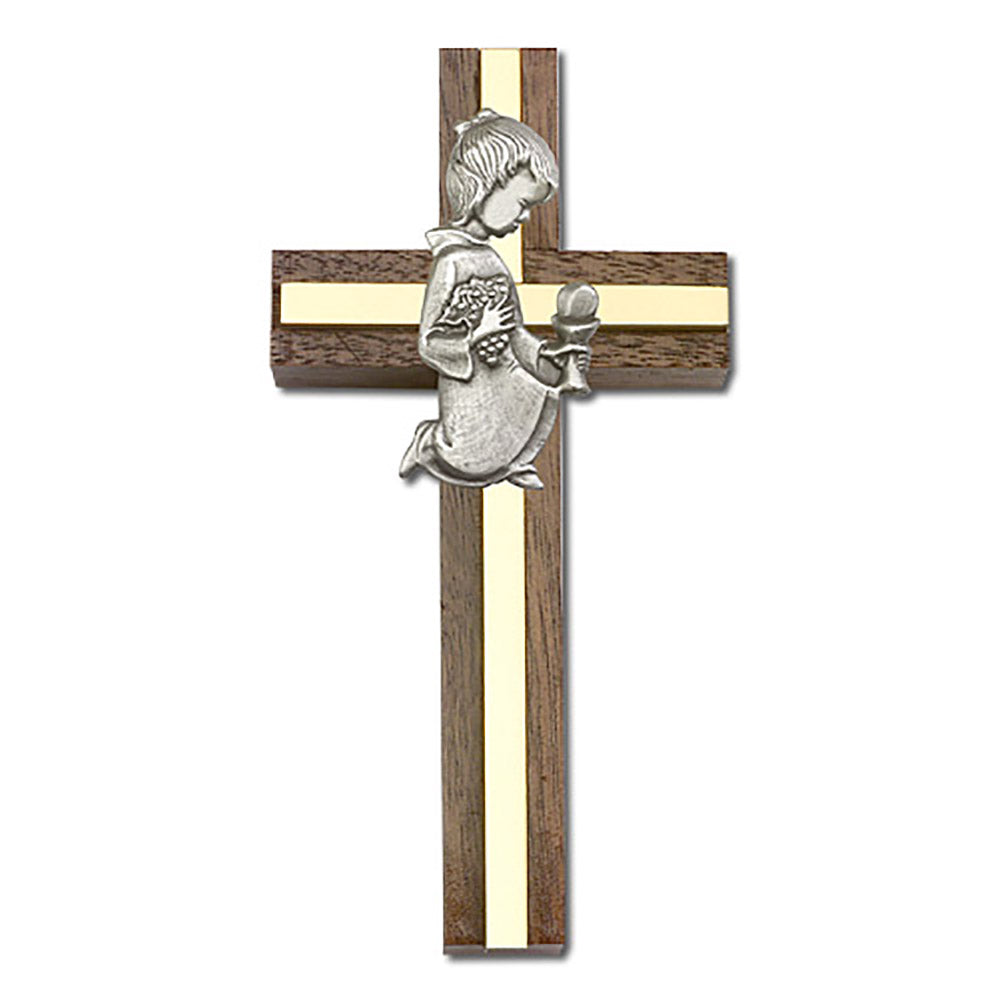 4 inch Communion Girl Cross, Walnut w/ Antique Silver inlay - 5433S/G