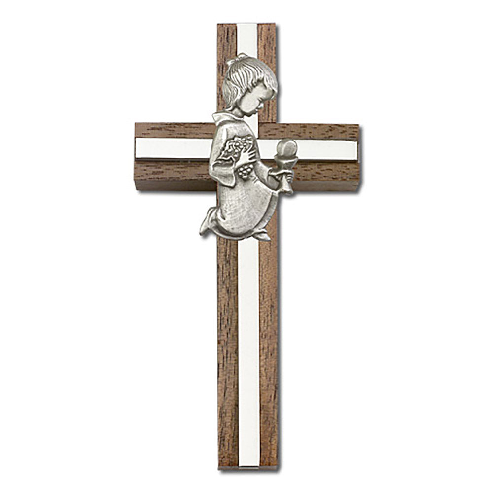 4 inch Communion Girl Cross, Walnut w/ Antique Silver inlay - 5433S/S