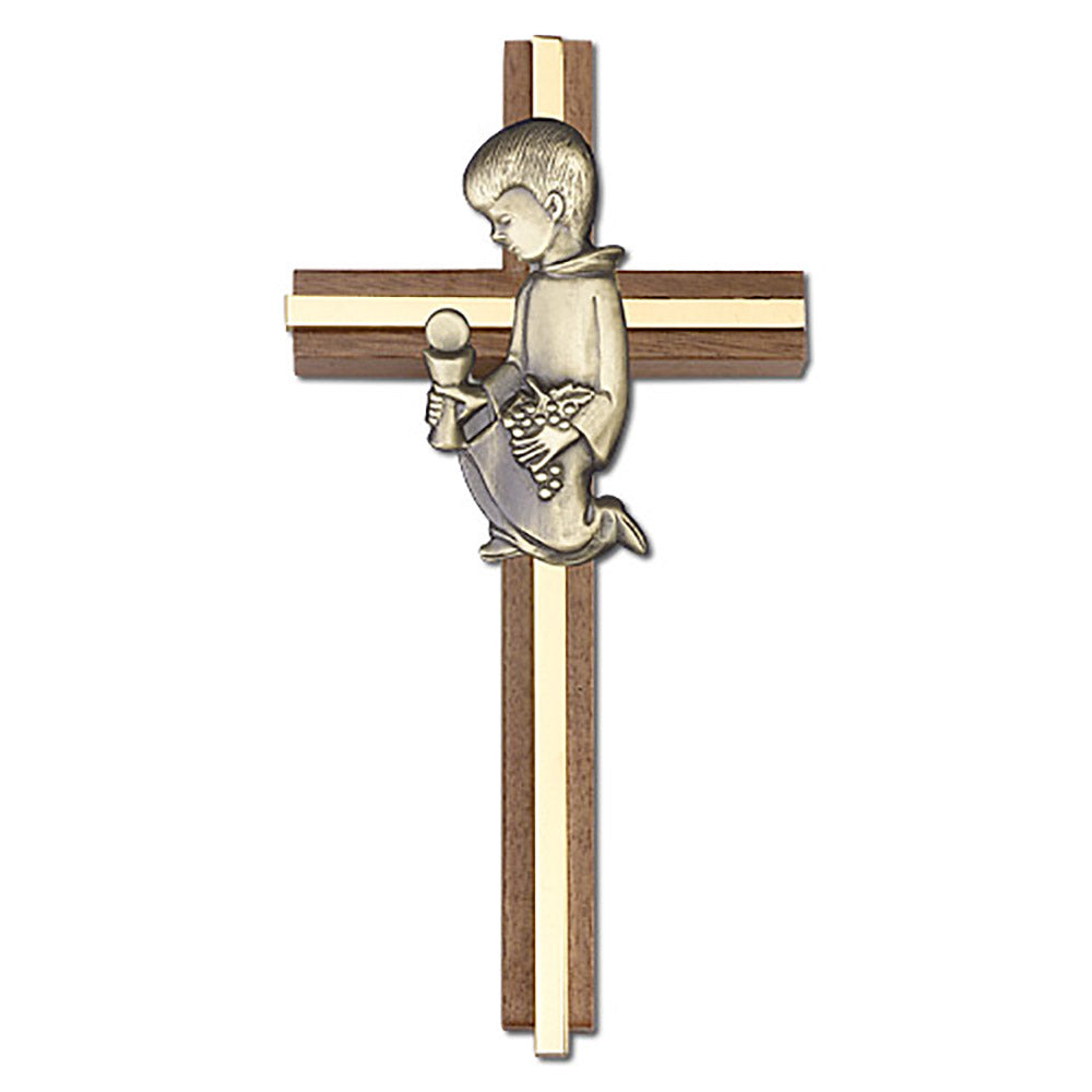 6 inch Communion Boy Cross, Walnut w/ Antique Gold inlay - 5620G/G