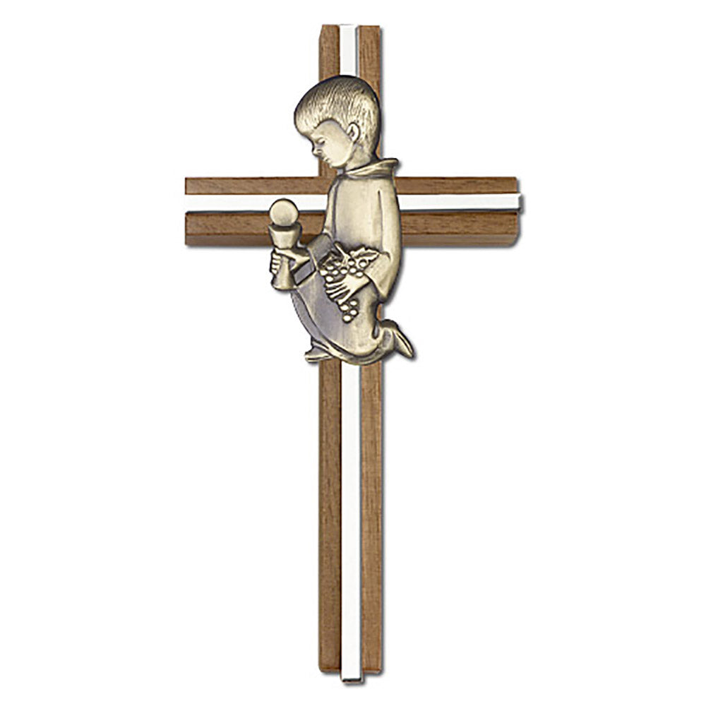 6 inch Communion Boy Cross, Walnut w/ Antique Gold inlay - 5620G/S