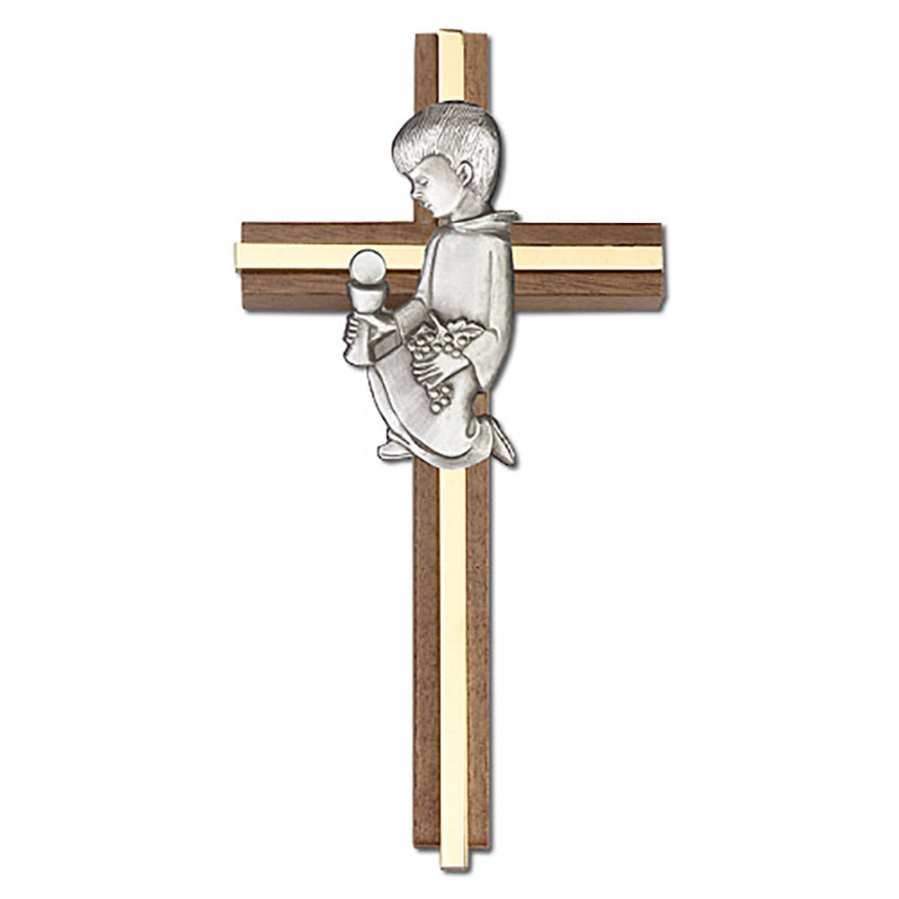 6 inch Communion Boy Cross, Walnut w/ Antique Silver inlay - 5620S/G