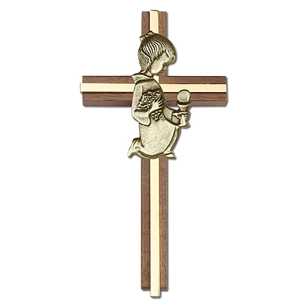 6 inch Communion Girl Cross, Walnut w/ Antique Gold inlay - 5630G/G