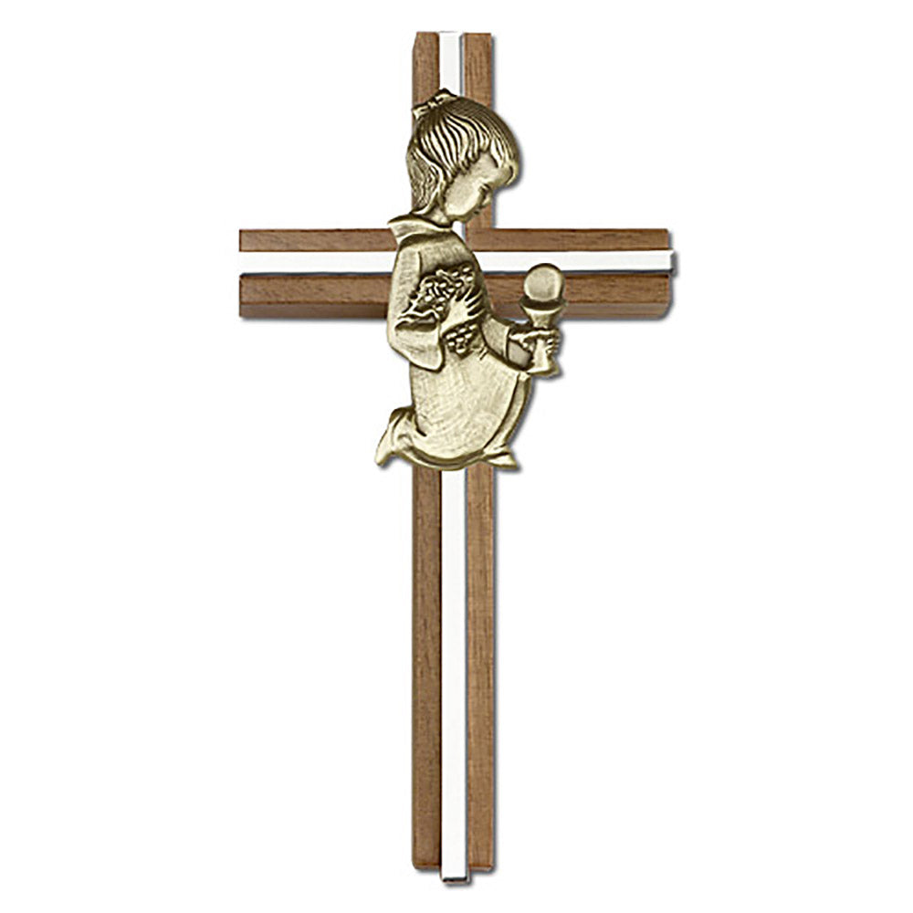 6 inch Communion Girl Cross, Walnut w/ Antique Gold inlay - 5630G/S