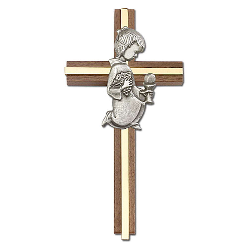 6 inch Communion Girl Cross, Walnut w/ Antique Silver inlay - 5630S/G