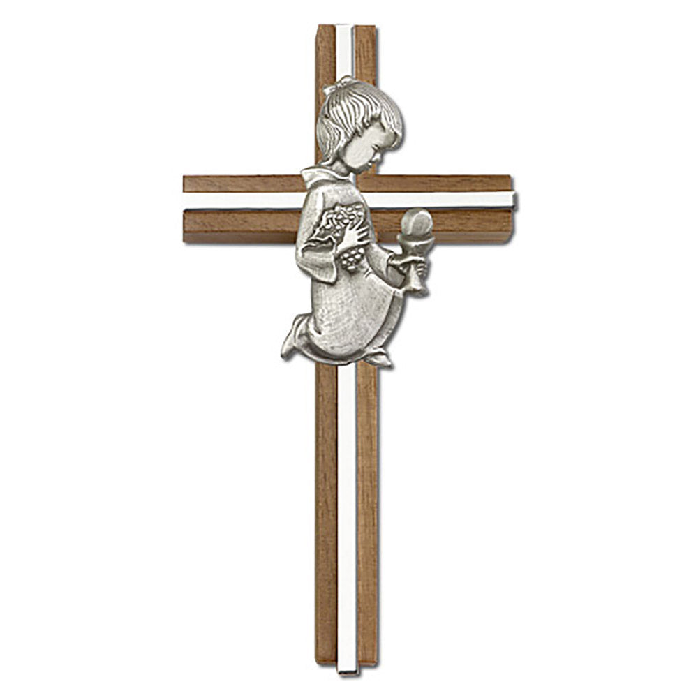 6 inch Communion Girl Cross, Walnut w/ Antique Silver inlay - 5630S/S