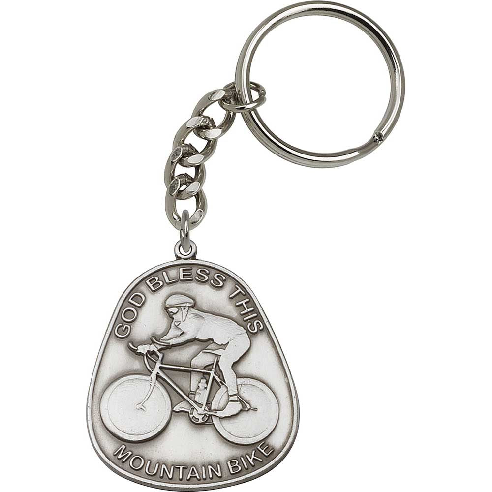 Antique Silver God Bless This Mountain Bike Keychain - 5889