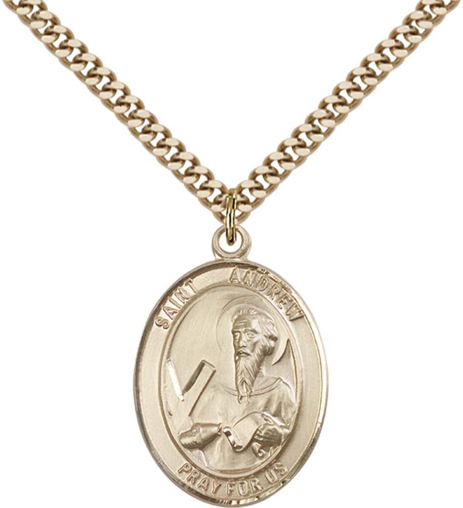 14kt Gold Filled St. Andrew the Apostle Pendant with 24 inch Gold Plate Heavy Curb Chain