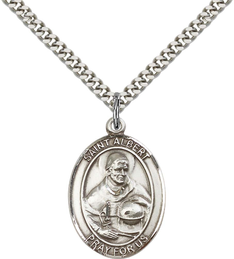 Sterling Silver St. Albert the Great Pendant with 24 Inch Light Rhodium Heavy Curb Chain