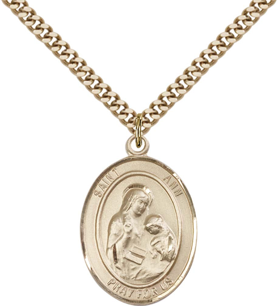 14kt Gold Filled St. Ann Pendant with 24 inch Gold Plate Heavy Curb Chain
