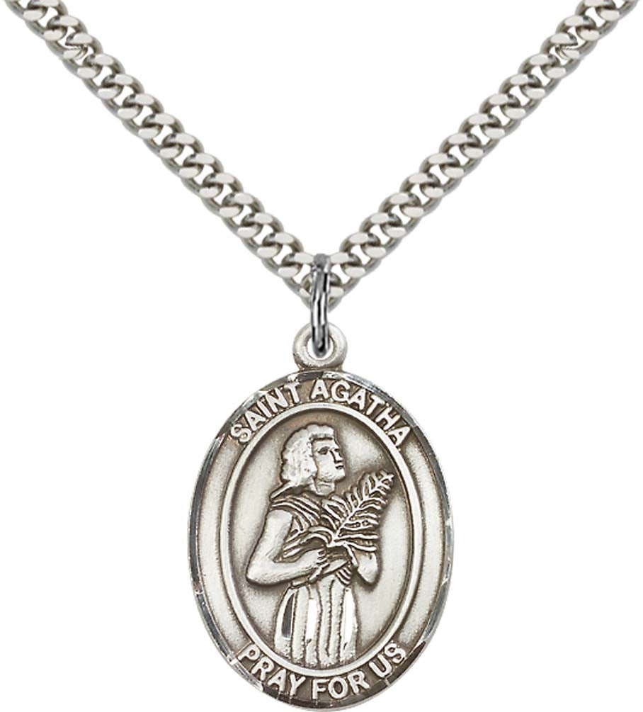 Sterling Silver St. Agatha Pendant with 24 Inch Light Rhodium Heavy Curb Chain