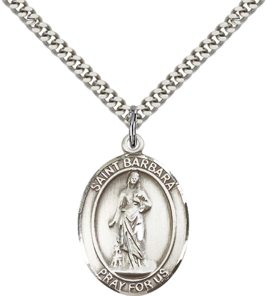 Sterling Silver St. Barbara Pendant with 24 Inch Light Rhodium Heavy Curb Chain