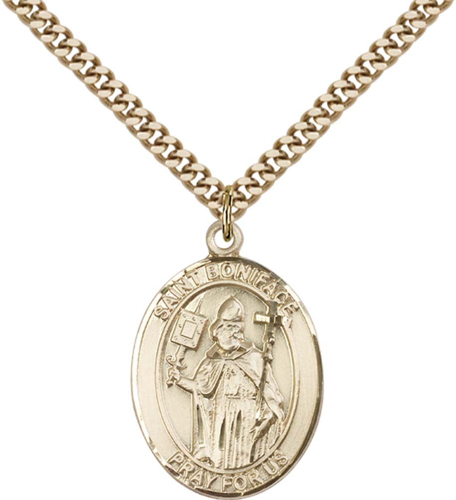 14kt Gold Filled St. Boniface Pendant with 24 inch Gold Plate Heavy Curb Chain