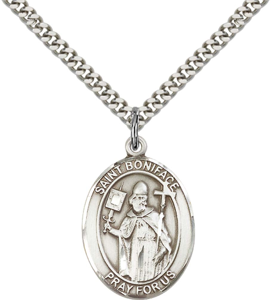 Sterling Silver St. Boniface Pendant with 24 Inch Light Rhodium Heavy Curb Chain