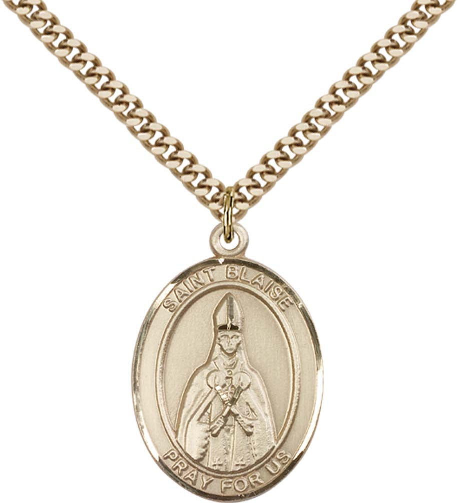 14kt Gold Filled St. Blaise Pendant with 24 inch Gold Plate Heavy Curb Chain