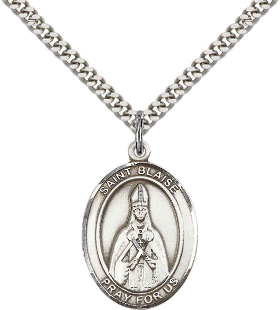 Sterling Silver St. Blaise Pendant with 24 Inch Light Rhodium Heavy Curb Chain