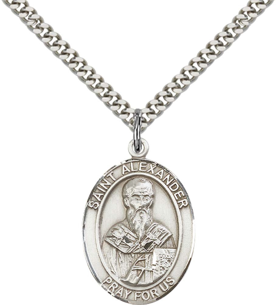 Sterling Silver St. Alexander Sauli Pendant with 24 Inch Light Rhodium Heavy Curb Chain