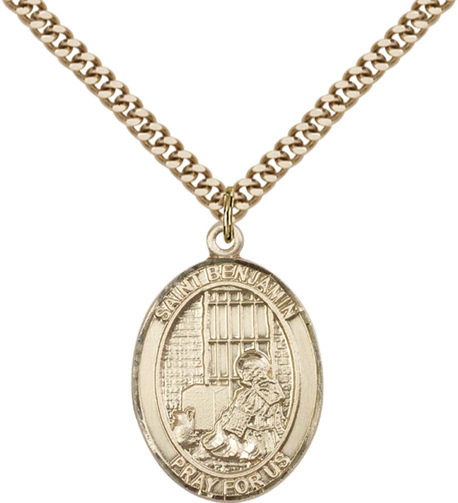14kt Gold Filled St. Benjamin Pendant with 24 inch Gold Plate Heavy Curb Chain