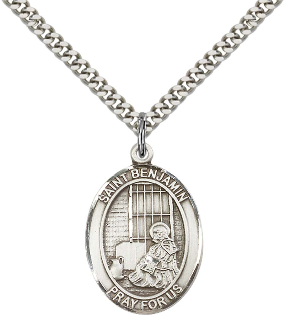 Sterling Silver St. Benjamin Pendant with 24 Inch Light Rhodium Heavy Curb Chain