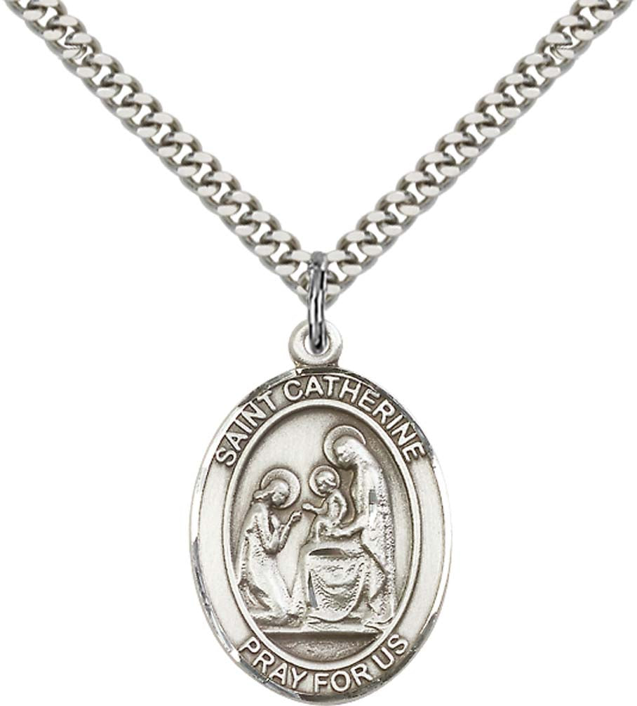 Sterling Silver St. Catherine of Siena Pendant with 24 Inch Light Rhodium Heavy Curb Chain