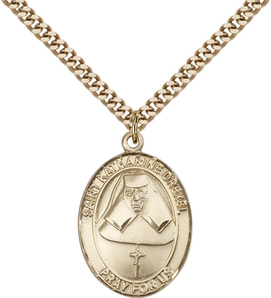 14kt Gold Filled St. Katharine Drexel Pendant with 24 inch Gold Plate Heavy Curb Chain