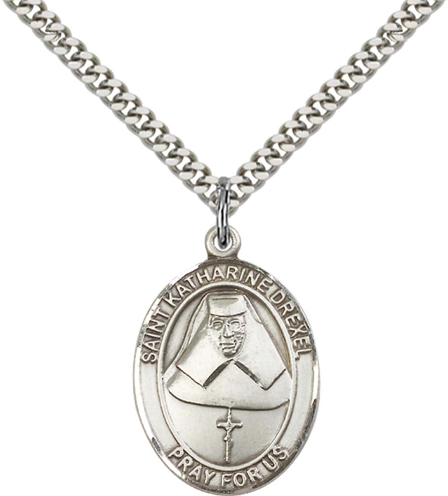 Sterling Silver St. Katharine Drexel Pendant with 24 Inch Light Rhodium Heavy Curb Chain