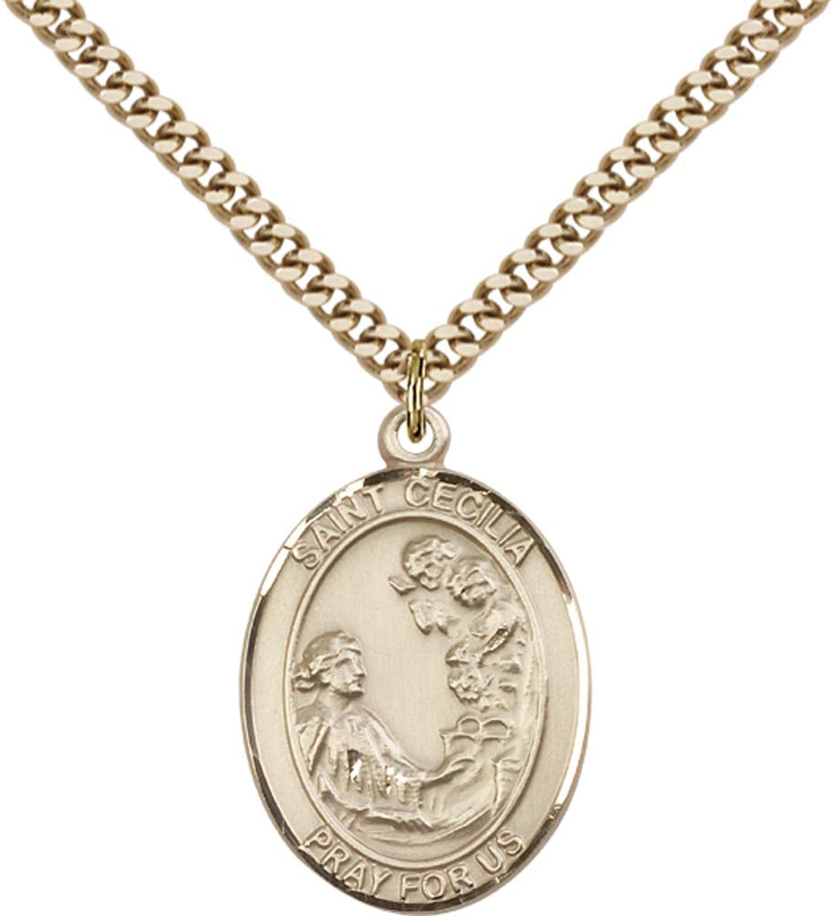 14kt Gold Filled St. Cecilia Pendant with 24 inch Gold Plate Heavy Curb Chain