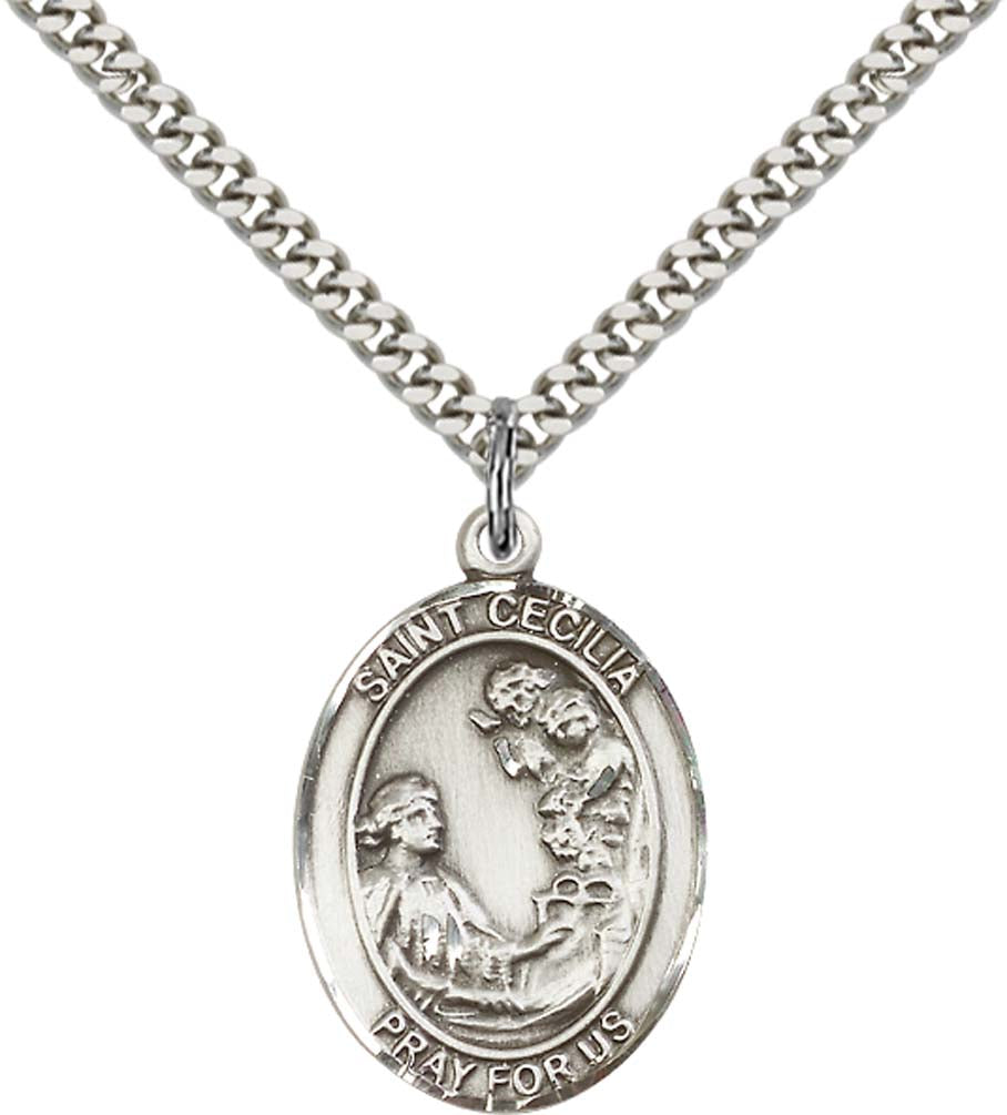 Sterling Silver St. Cecilia Pendant with 24 Inch Light Rhodium Heavy Curb Chain