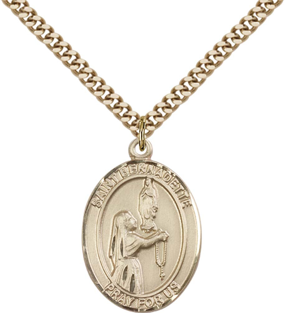14kt Gold Filled St. Bernadette Pendant with 24 inch Gold Plate Heavy Curb Chain