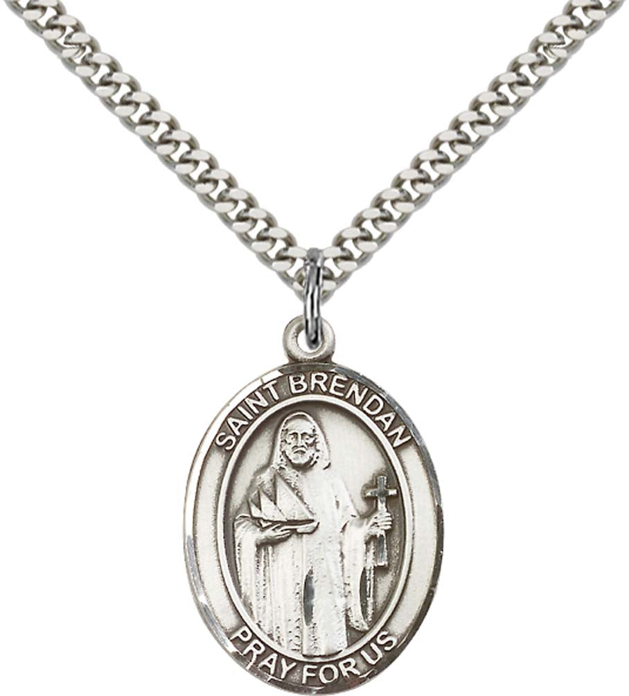 Sterling Silver St. Brendan the Navigator Pendant with 24 Inch Light Rhodium Heavy Curb Chain