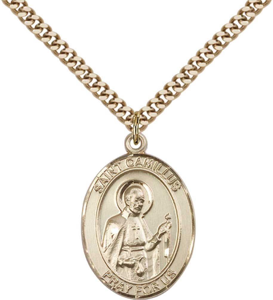 14kt Gold Filled St. Camillus of Lellis Pendant with 24 inch Gold Plate Heavy Curb Chain