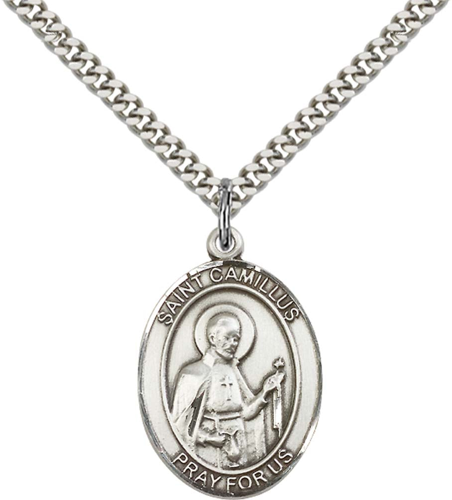 Sterling Silver St. Camillus of Lellis Pendant with 24 Inch Light Rhodium Heavy Curb Chain