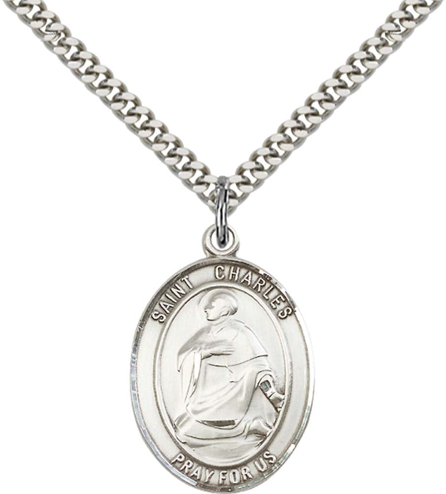 Sterling Silver St. Charles Borromeo Pendant with 24 Inch Light Rhodium Heavy Curb Chain