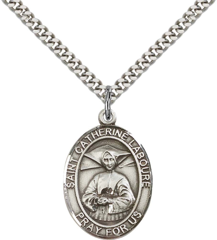Sterling Silver St. Catherine Laboure Pendant with 24 Inch Light Rhodium Heavy Curb Chain
