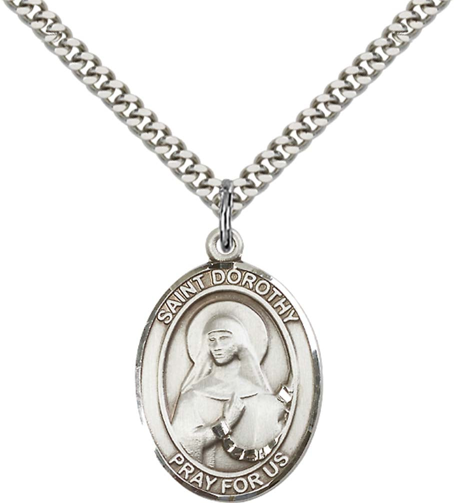 Sterling Silver St. Dorothy Pendant with 24 Inch Light Rhodium Heavy Curb Chain