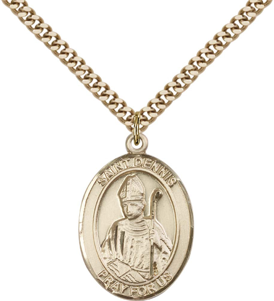 14kt Gold Filled St. Dennis Pendant with 24 inch Gold Plate Heavy Curb Chain