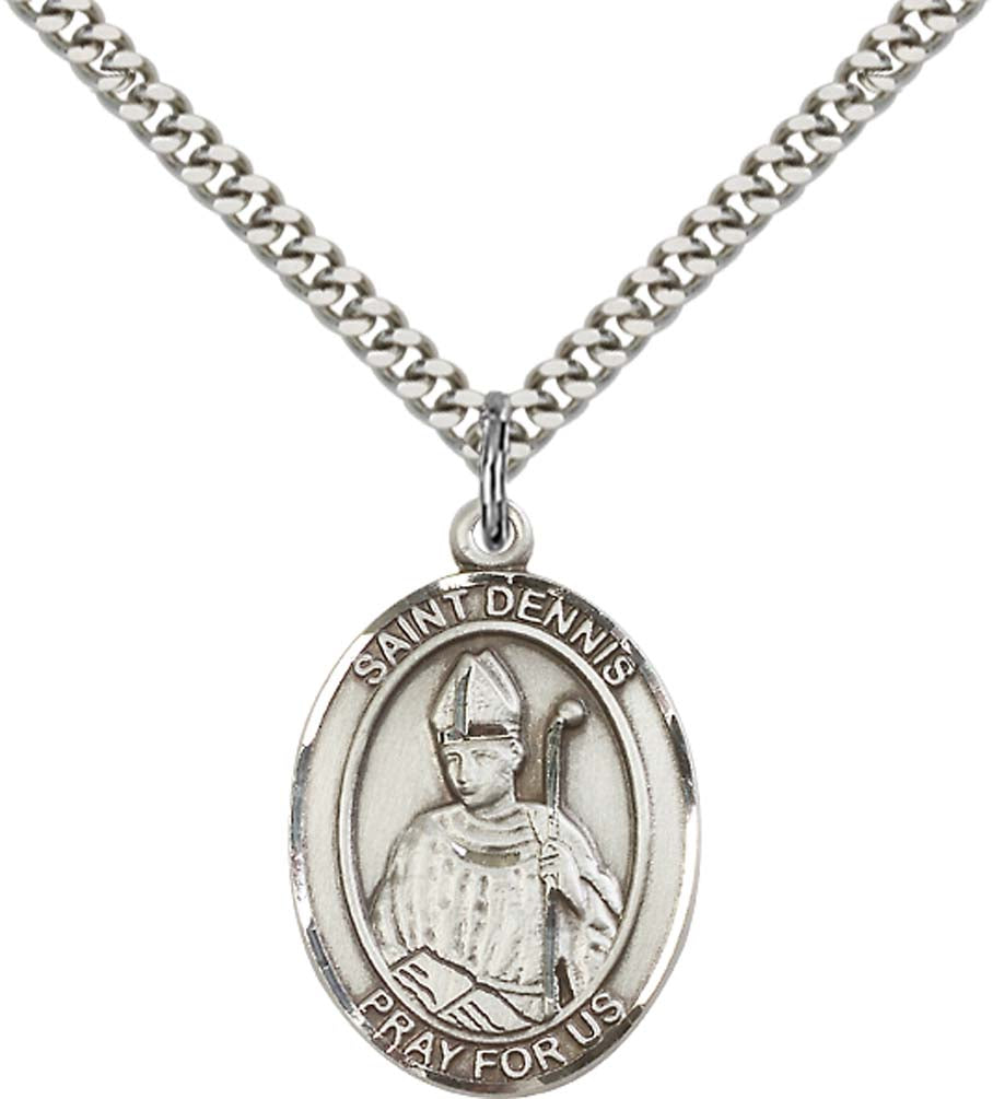 Sterling Silver St. Dennis Pendant with 24 Inch Light Rhodium Heavy Curb Chain