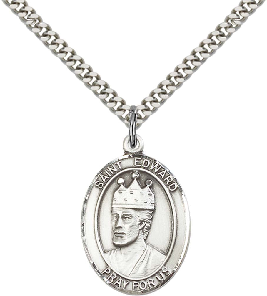 Sterling Silver St. Edward the Confessor Pendant with 24 Inch Light Rhodium Heavy Curb Chain